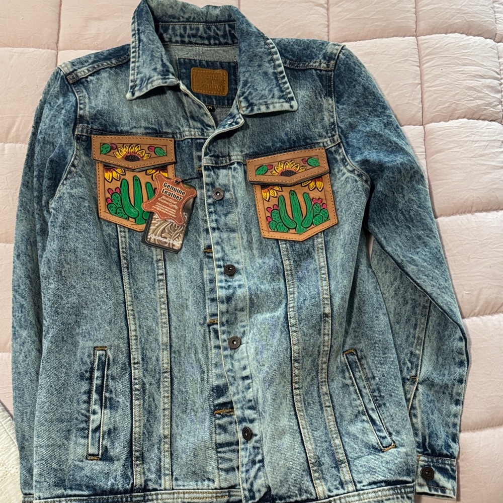 NWT American Darling Denim Jacket with Brown Fringe and Floral Cactus Design - Picture 2 of 4